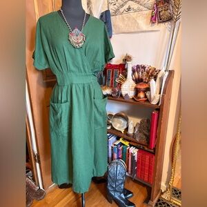 Green Grae Cove Linen Maxi Wrap Tie Pocket Dress Size medium large